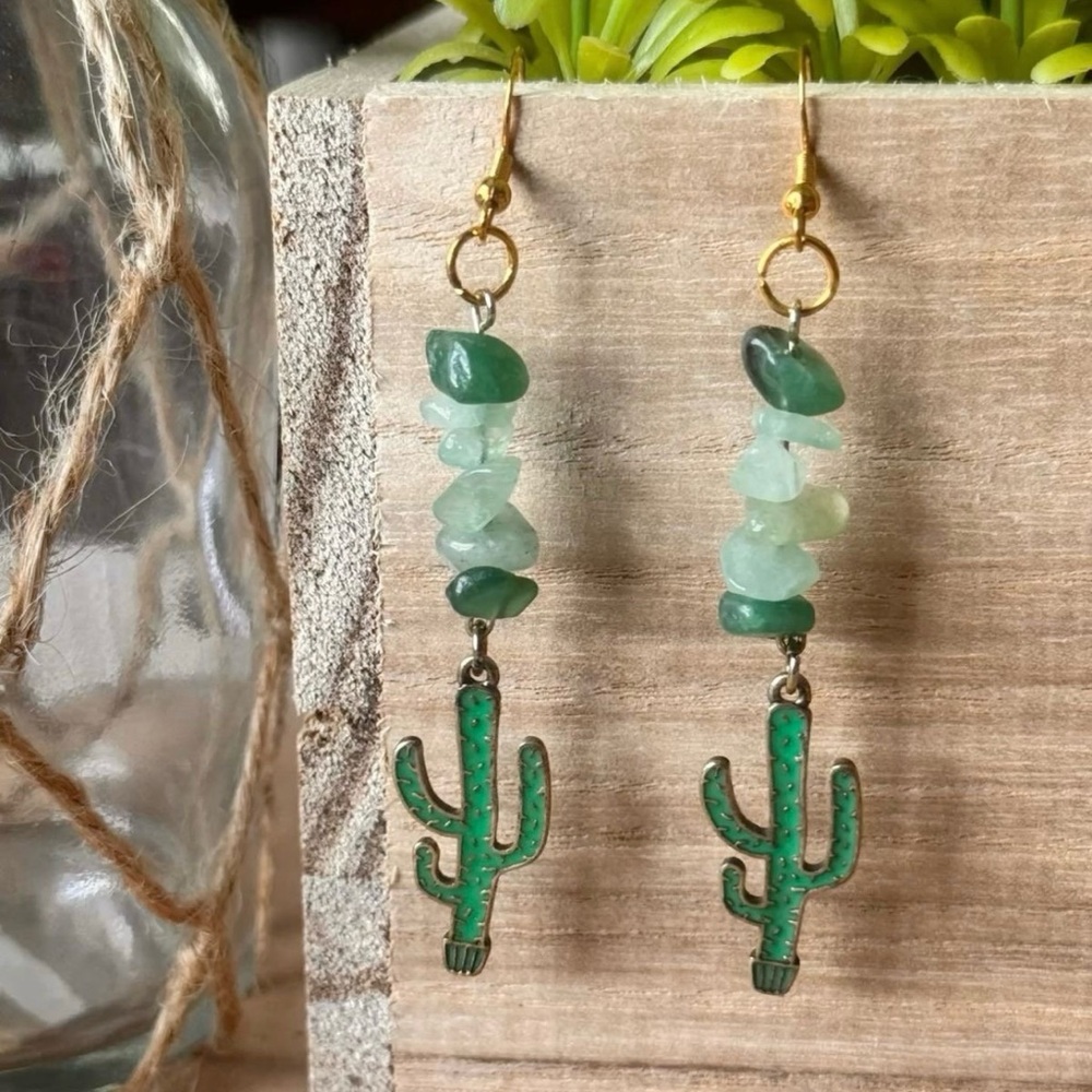 Green Cactus Dangle Earrings